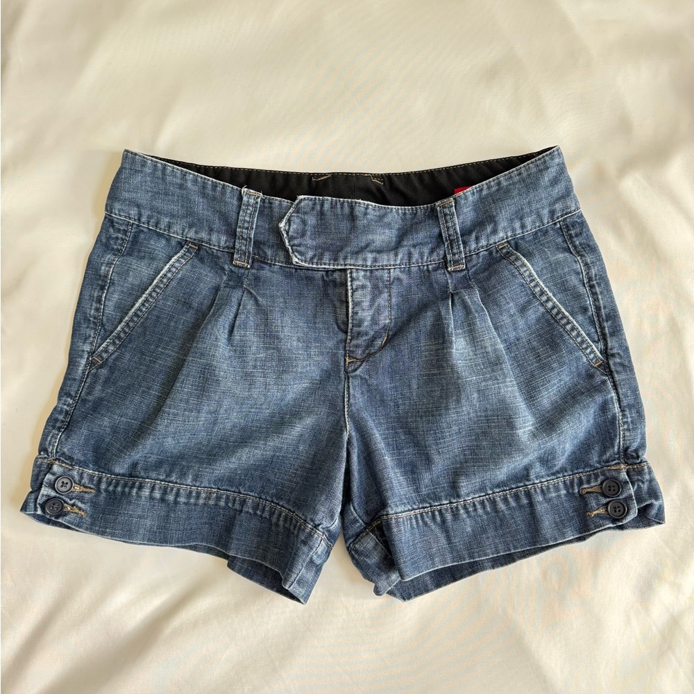 X2 Denim Shorts Size 0 – Stitched Cuff Detail, Button Accents, Clasp Closure